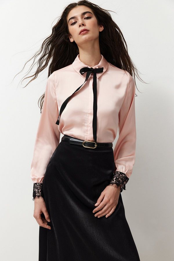Trendyol Trendyol Satin Woven Shirt with Dusty Rose Collar and Bow and Lace Detail