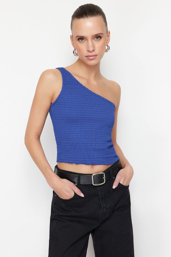 Trendyol Trendyol Sax Cotton One-Shoulder Gimped Stretchy Fitted Knitted Blouse
