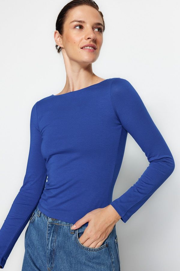 Trendyol Trendyol Sax Cotton Stretchy Boat Neck Fitted/Situated Stretch Knitted Blouse