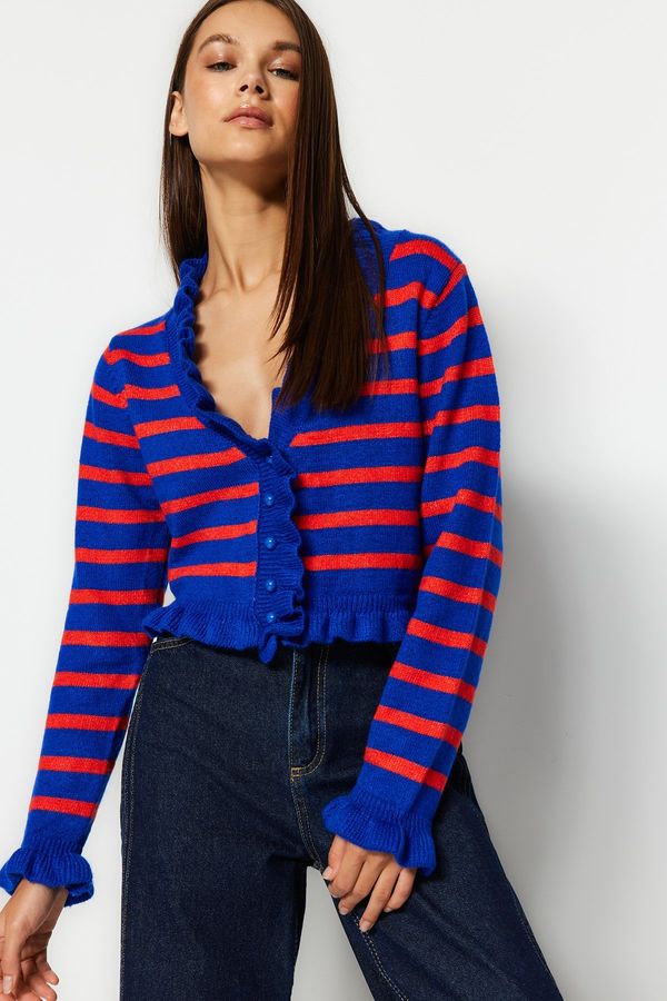 Trendyol Trendyol Sax Crop Striped Soft Textured Knitwear Cardigan