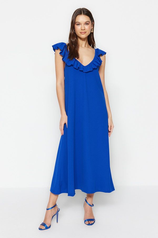 Trendyol Trendyol Sax Ruffle Collar Detailed Pool Neck Midi Knitted Dress