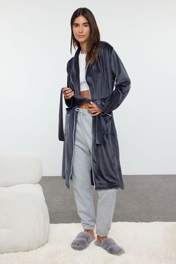 Trendyol Trendyol Smoke 95% Polyester, 5% Lycra Plain Belted Velvet Knitted Dressing Gown