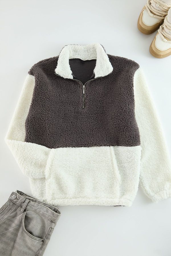 Trendyol Trendyol Smoke Unisex Oversize/Wide Cut Color Block Stand Collar Warm Plush Sweatshirt