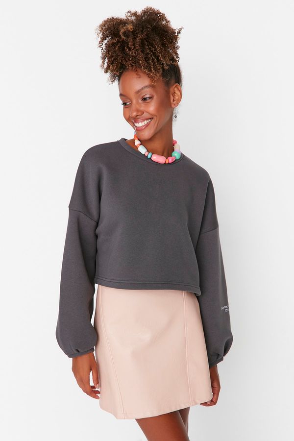 Trendyol Trendyol Smoked Thick Fleece Comfort Cut Crop Sleeve Printed Knitted Sweatshirt