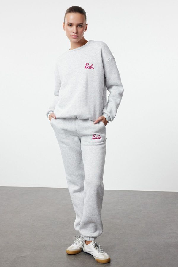 Trendyol Trendyol Snow Melange Slogan Printed Regular/Normal Pattern Thick Polar Fleece Knitted Tracksuit