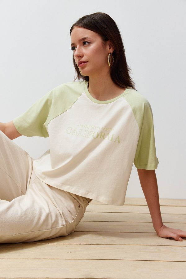 Trendyol Trendyol Stone 100% Cotton Color Block Slogan Printed Relaxed Crop Knitted T-Shirt