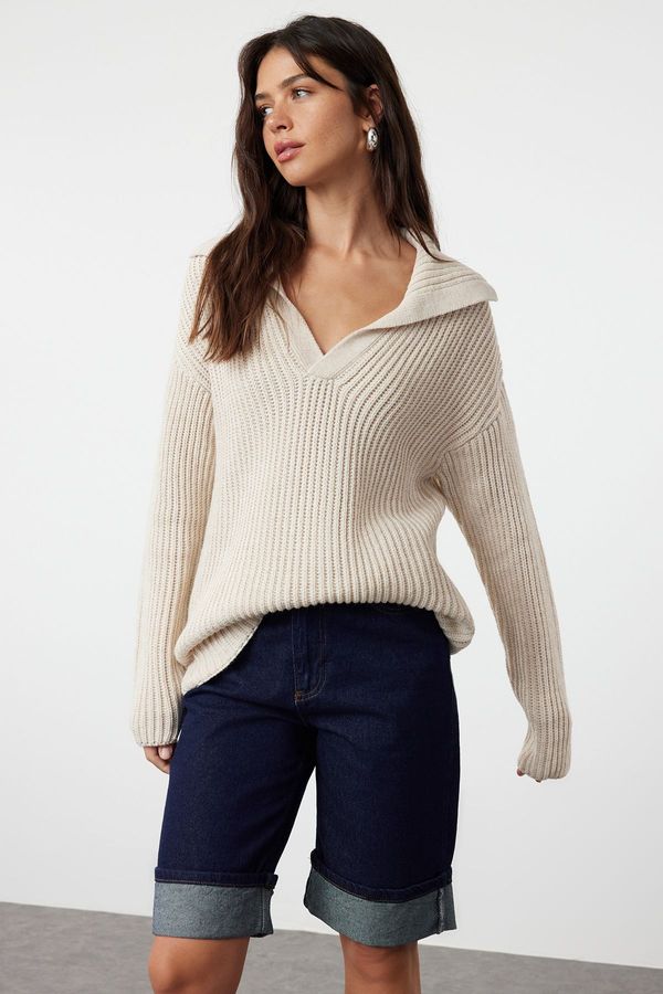 Trendyol Trendyol Stone Basic Turn-down Collar Knitwear Sweater