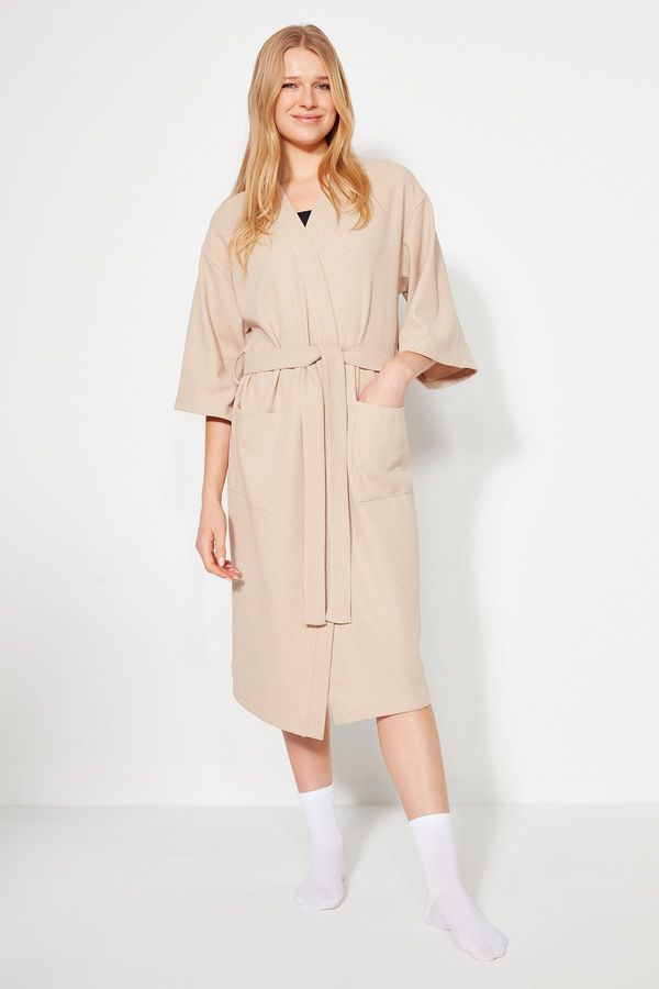Trendyol Trendyol Stone Belted Cotton Textured Knitted Dressing Gown