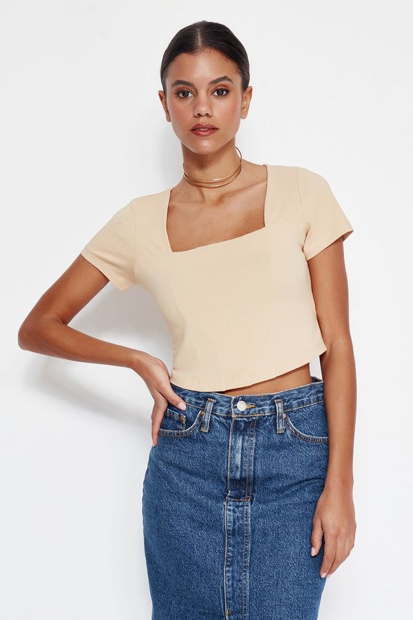 Trendyol Trendyol Stone Bodice Detail Crop Square Collar Cotton Stretch Knitted Blouse