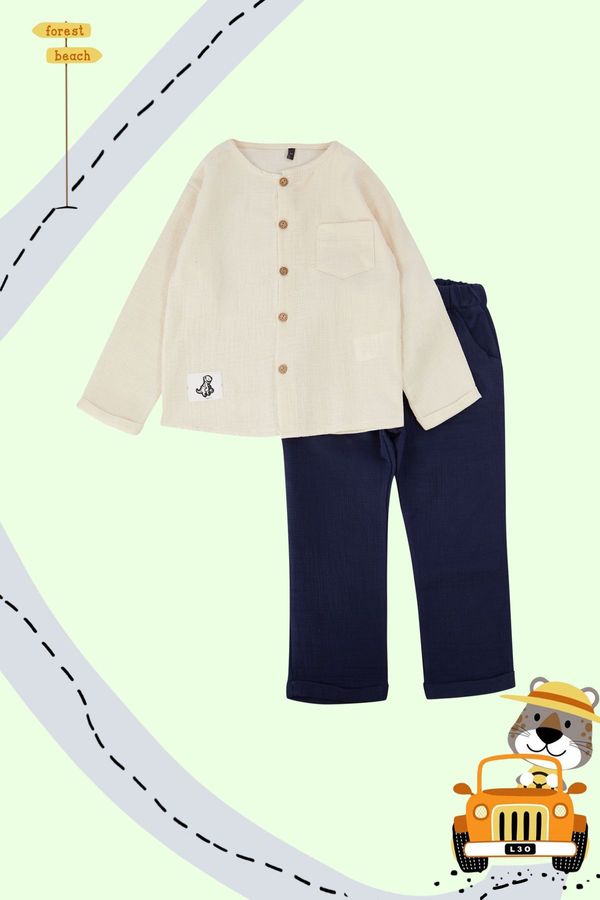 Trendyol Trendyol Stone Boy's Pocketed Long Sleeve Shirt-Pants Set Knitted Top-Bottom Suit