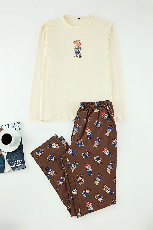 Trendyol Trendyol Stone - Brown Regular Fit Teddy Bear Printed Knitted Pajama Set