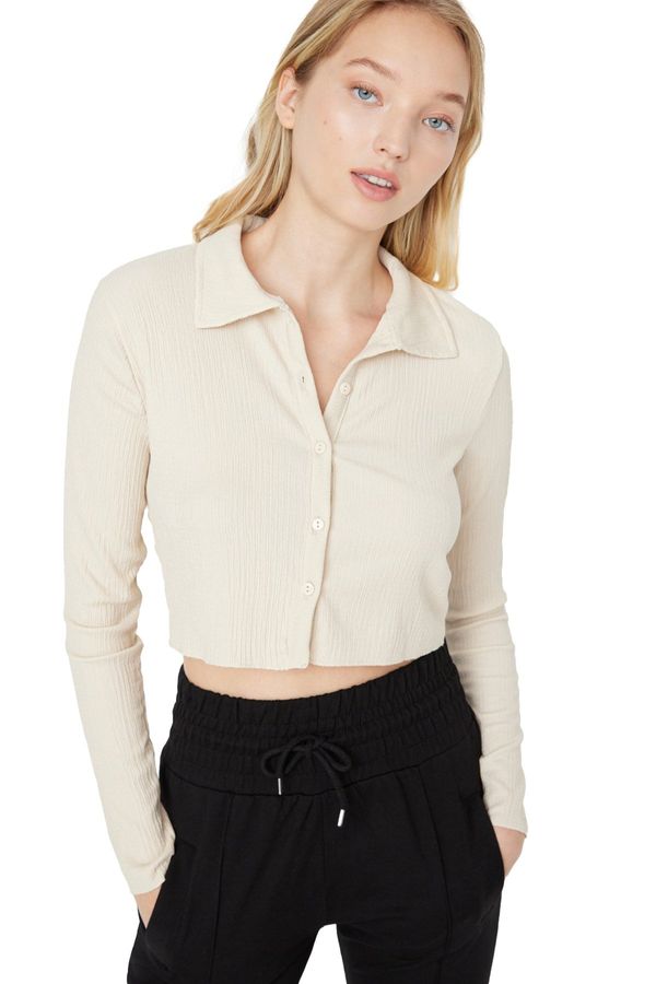 Trendyol Trendyol Stone Buttoned Fitted/Situated Polo Neck Crepe/Textured Crop Knitted Blouse