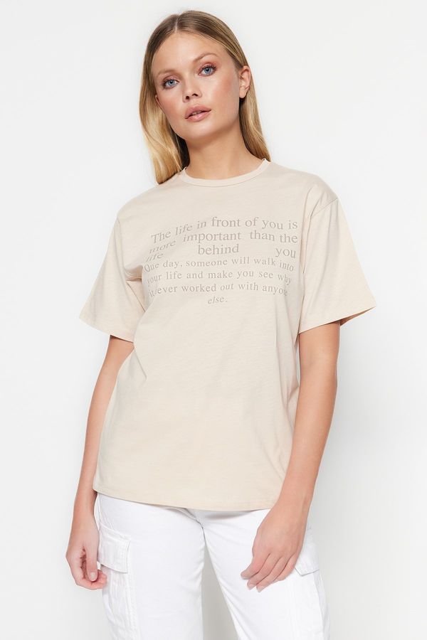 Trendyol Trendyol Stone color 100% Cotton Slogan Printed Boyfriend Fit Crew Neck Knitted T-Shirt