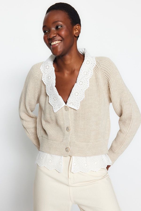 Trendyol Trendyol Stone Crop Woven Garni Detailed V Neck Knitwear Cardigan