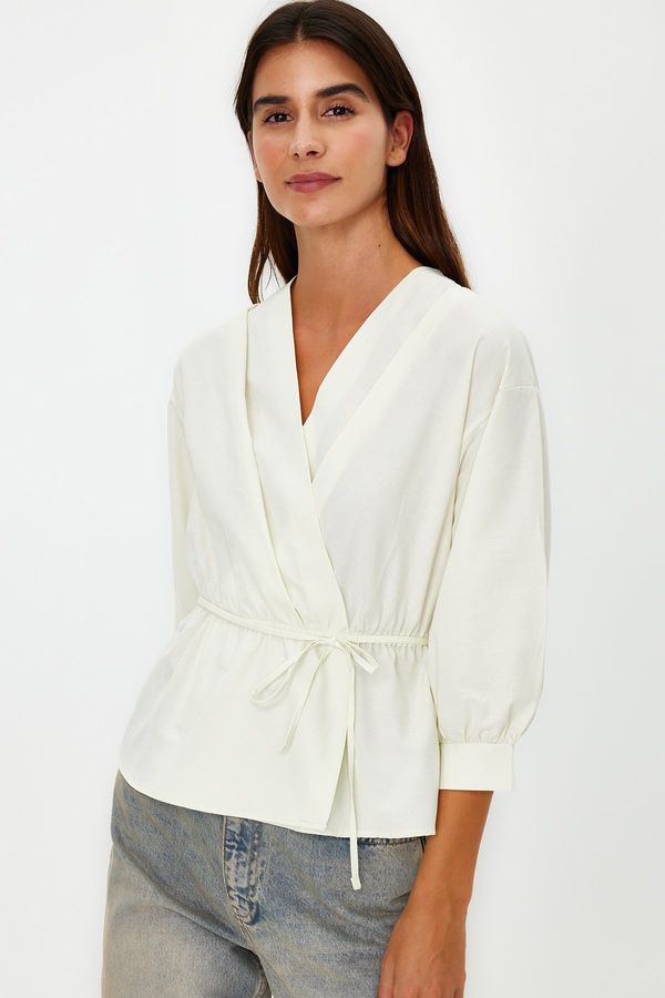 Trendyol Trendyol Stone Double Breasted Tie Detailed Woven Blouse