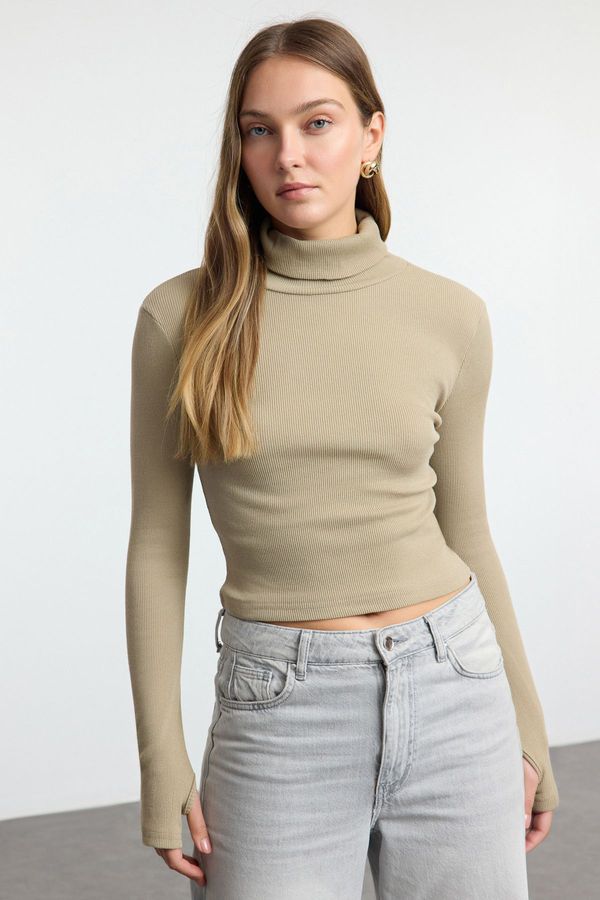 Trendyol Trendyol Stone Fitted Turtleneck Finger Detailed Ribbed Stretchy Knitted Blouse