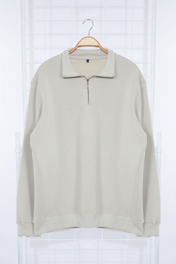 Trendyol Trendyol Stone Large Size Regular/Normal Cut Zippered Inside Fleece Sweatshirt