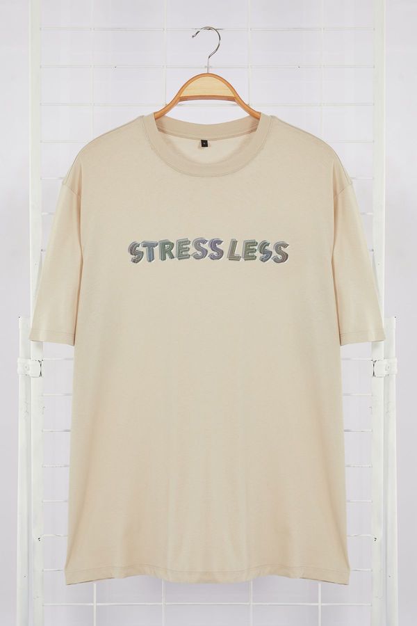 Trendyol Trendyol Stone Men's Oversize/Wide Cut More Sustainable Text Print 100% Organic Cotton T-shirt