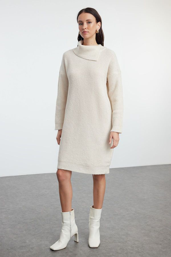 Trendyol Trendyol Stone Mini Knitwear Soft Texture Turn-down Collar Dress