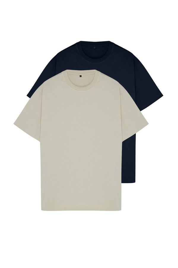 Trendyol Trendyol Stone-Navy Blue Plus Size 2 Pack Regular/Regular Cut T-Shirt