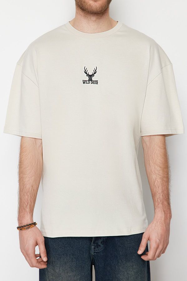 Trendyol Trendyol Stone Oversize Deer Embroidery 100% Cotton T-Shirt