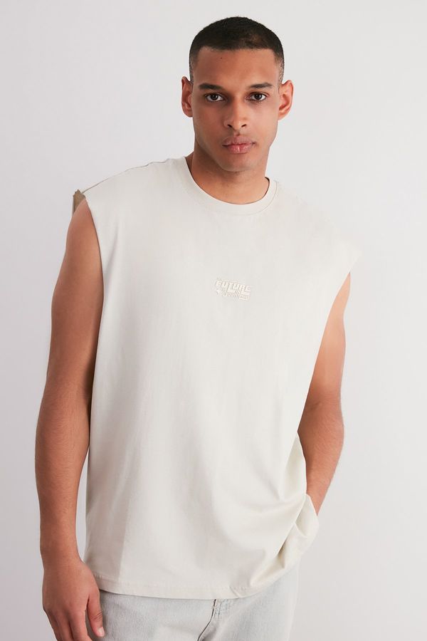 Trendyol Trendyol Stone Oversize/Wide Cut Raised Text Printed Labeled Zero Sleeve T-Shirt/Athlete