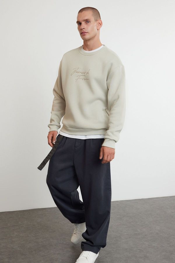 Trendyol Trendyol Stone Oversize/Wide Cut Text Embroidered Thick Fleece Sweatshirt