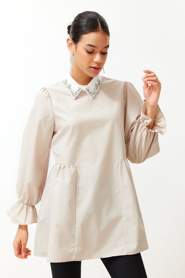 Trendyol Trendyol Stone Pearl Collar Detailed Cotton Woven Tunic