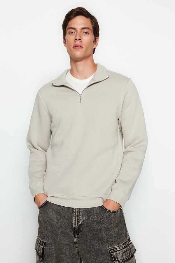Trendyol Trendyol Stone Regular Cut Stand Collar Zippered Cotton Basic Sweatshirt