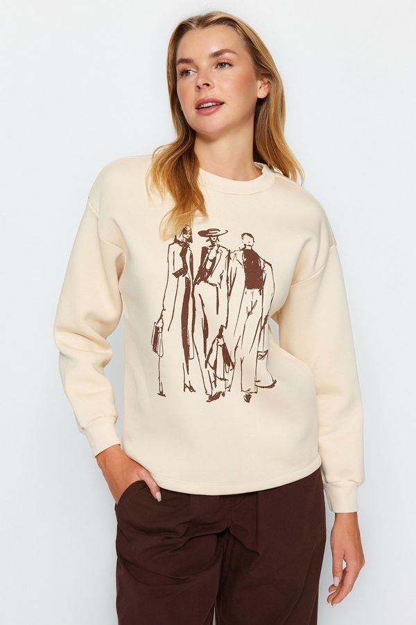 Trendyol Trendyol Stone Regular/Regular Fit Printed Crew Neck Thick/Fleece Knitted Sweatshirt