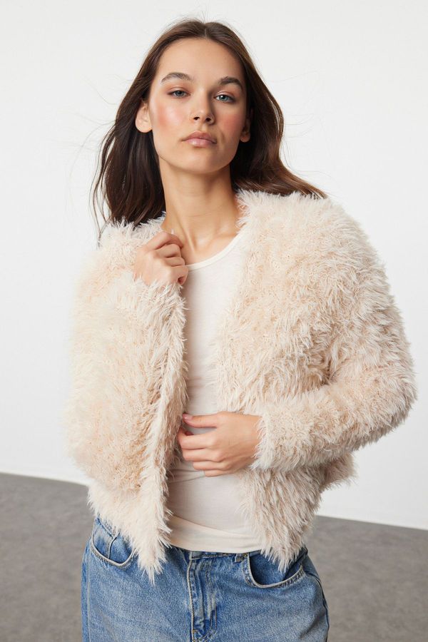 Trendyol Trendyol Stone Soft Textured Furry Coat Look Knitwear Cardigan