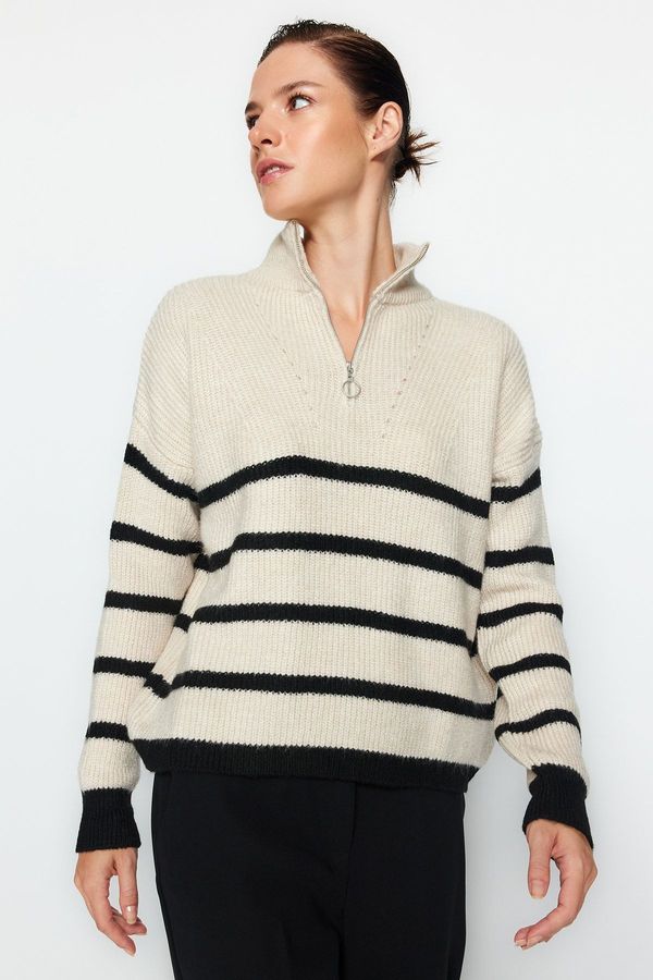 Trendyol Trendyol Stone Soft Textured Zippered Striped Knitwear Sweater