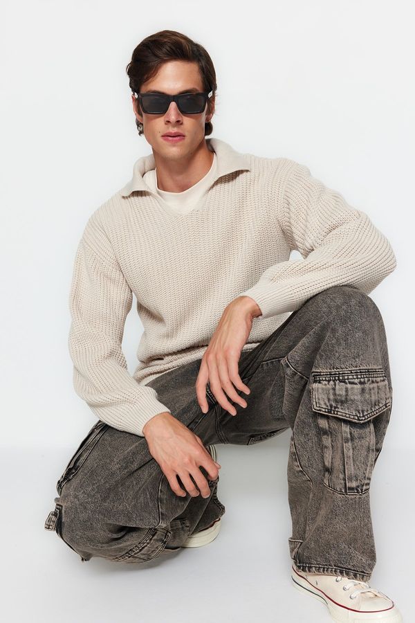 Trendyol Trendyol Stone Unisex Regular Fit Polo Collar Anti-Pilling Knitwear Sweater