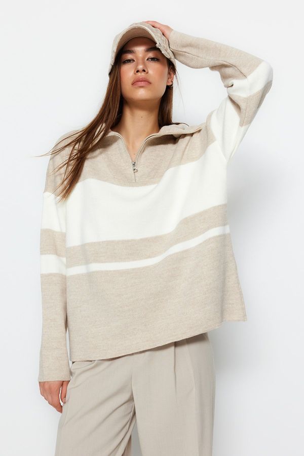 Trendyol Trendyol Stone Wide Pattern Basic Zippered Knitwear Sweater