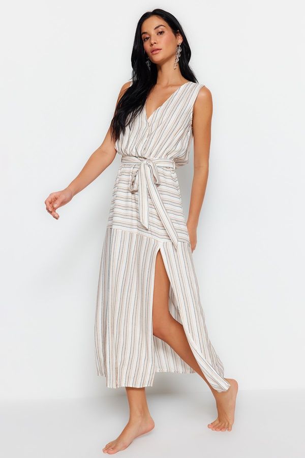 Trendyol Trendyol Striped Belted Midi Woven Slit Beach Dress
