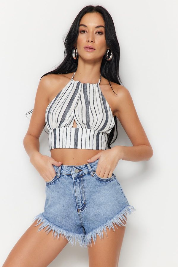 Trendyol Trendyol Striped Crop Woven Cut Out/Window Linen Look Blouse