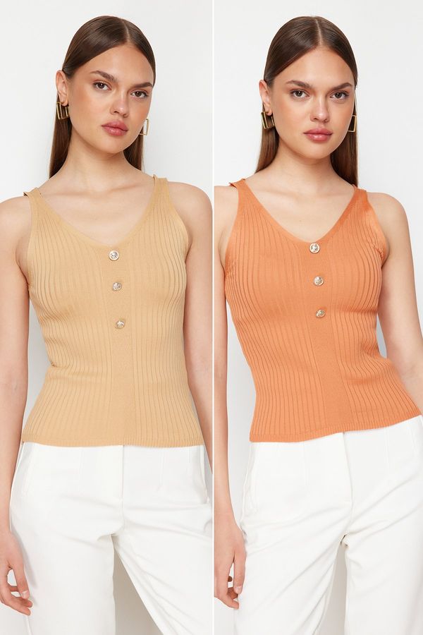 Trendyol Trendyol Taba-Camel Double Pack V-Neck Top Knitwear Thin Blouse