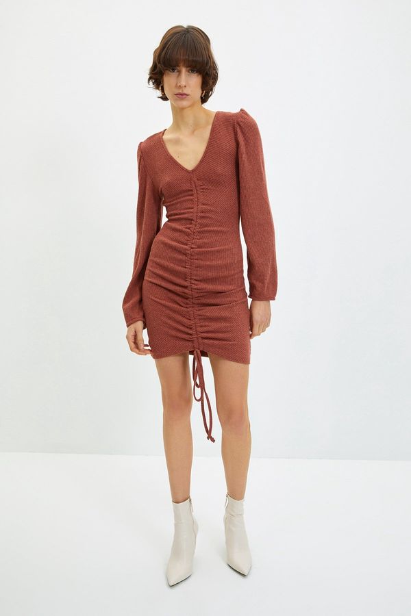 Trendyol Trendyol Tile V-Neck Fake Knitwear Pleated Knitted Dress