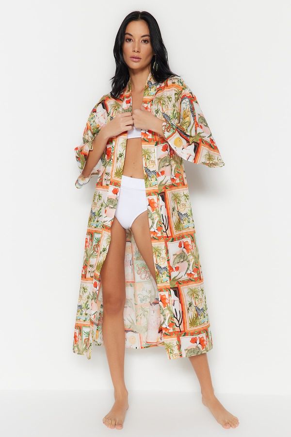 Trendyol Trendyol Tropical Pattern Belted Maxi-Weave 100% Cotton Kimono & Caftan