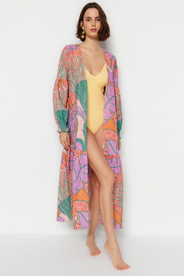 Trendyol Trendyol Tropical Pattern Belted Maxi Woven Balloon Sleeve 100% Cotton Linen Look Kimono & Kaftan