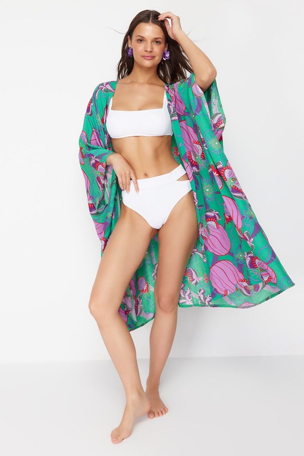 Trendyol Trendyol Tropical Patterned Belted Maxi Woven Kimono & Kaftan