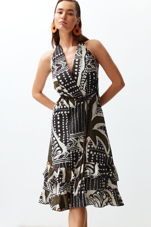 Trendyol Trendyol Tropical Patterned Belted Maxi Woven Ruffle 100% Cotton Beach Dress