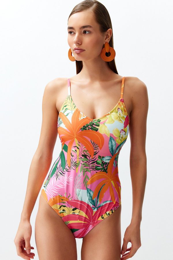 Trendyol Trendyol Tropical Patterned V-Neck Low-Cut Back Regular Swimsuit