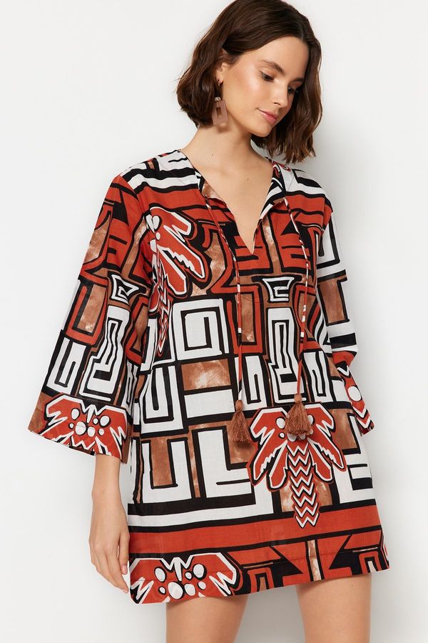 Trendyol Trendyol Tropical Patterned Wide Fit Mini Woven 100% Cotton Beach Dress