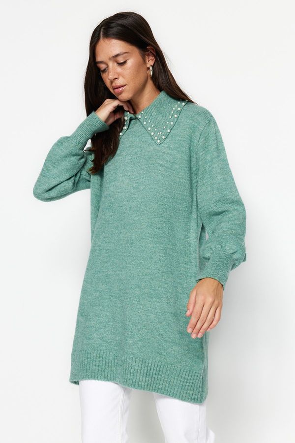Trendyol Trendyol Turquoise Baby Collar and Pearls Soft Knitwear Sweater