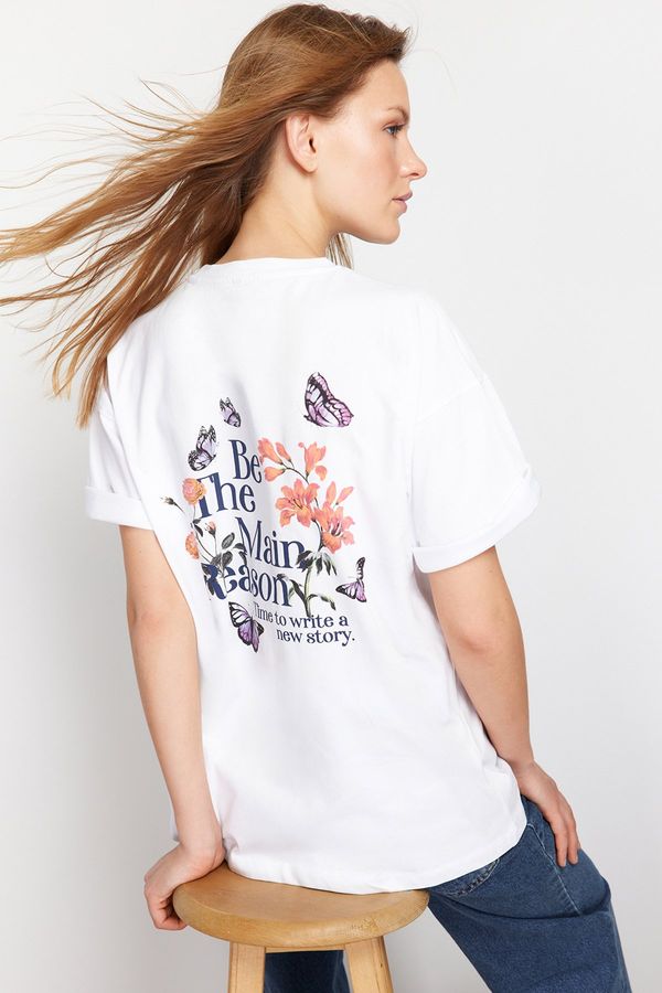 Trendyol Trendyol White 100% Cotton Back and Front Printed Oversize/Wide-Fit Knitted T-Shirt