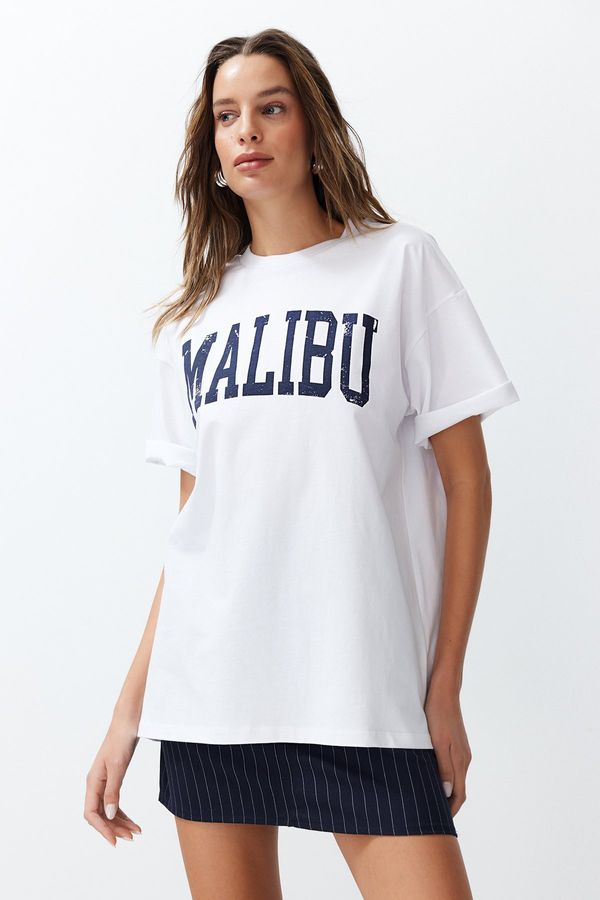 Trendyol Trendyol White 100% Cotton City Motto Printed Oversize/Casual Fit Knitted T-Shirt