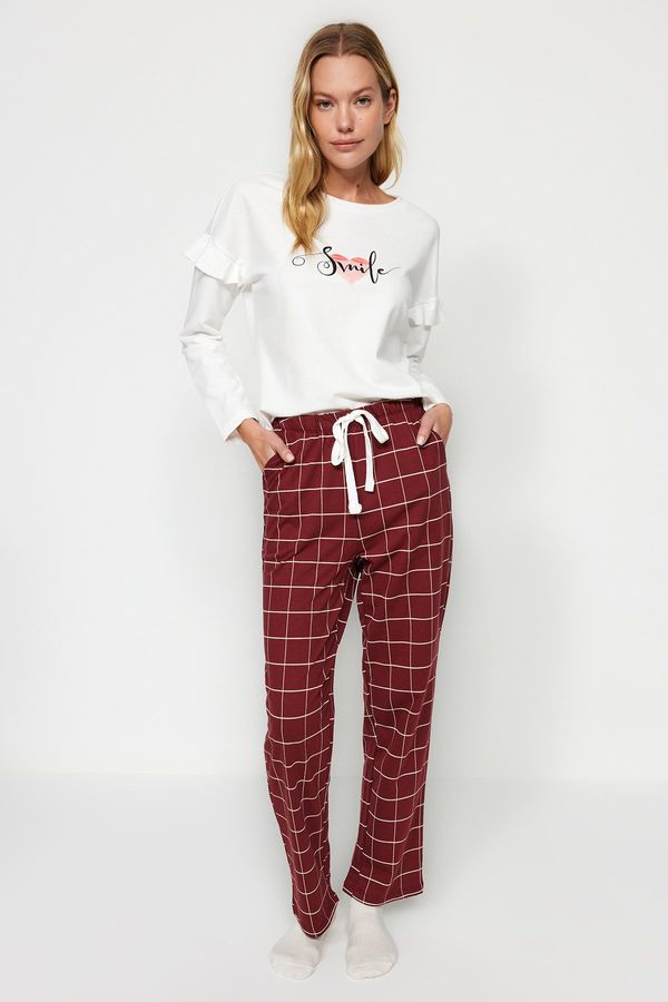 Trendyol Trendyol White 100% Cotton Slogan Tshirt-Pants Knitted Pajama Set