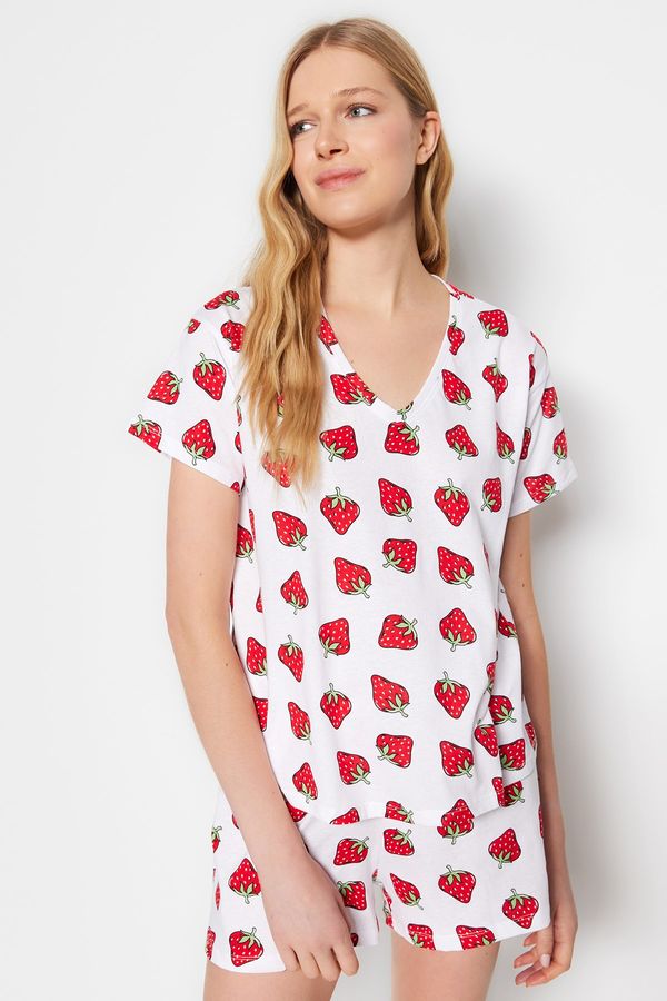 Trendyol Trendyol White 100% Cotton Strawberry Patterned T-shirt-Shorts Knitted Pajama Set