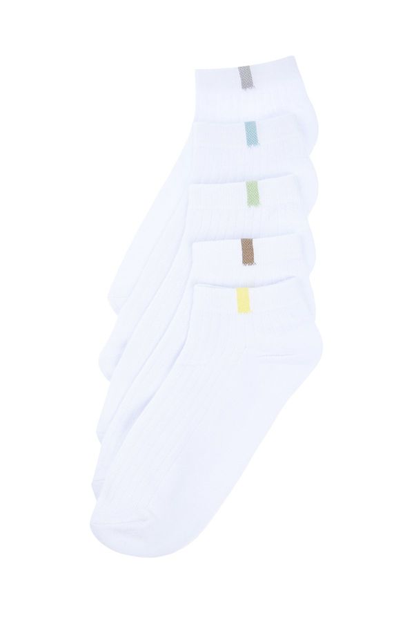 Trendyol Trendyol White 5 Pack Cotton Textured Contrast Color Blocked Booties-Short-Above Ankle Socks